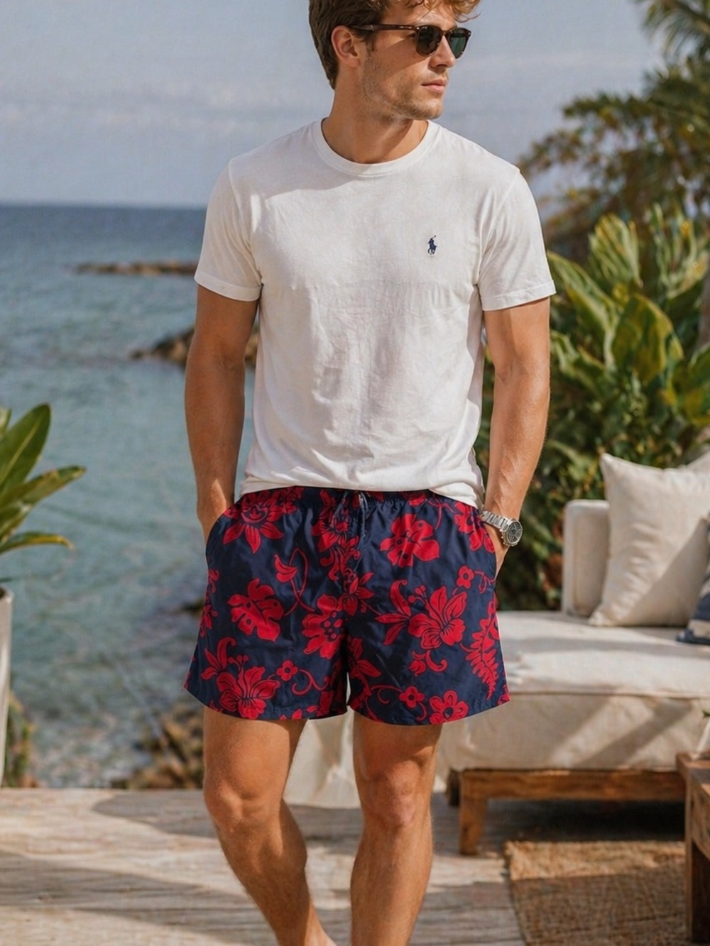Men's Polo Ralph Lauren Swim Trunks Navy Red Floral |
Size M | Lined |